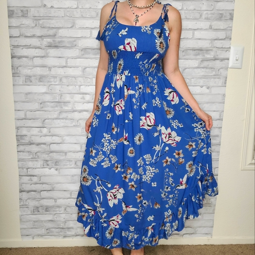 Long Floral Bird Blue Maxi Ruffle Summer Dress